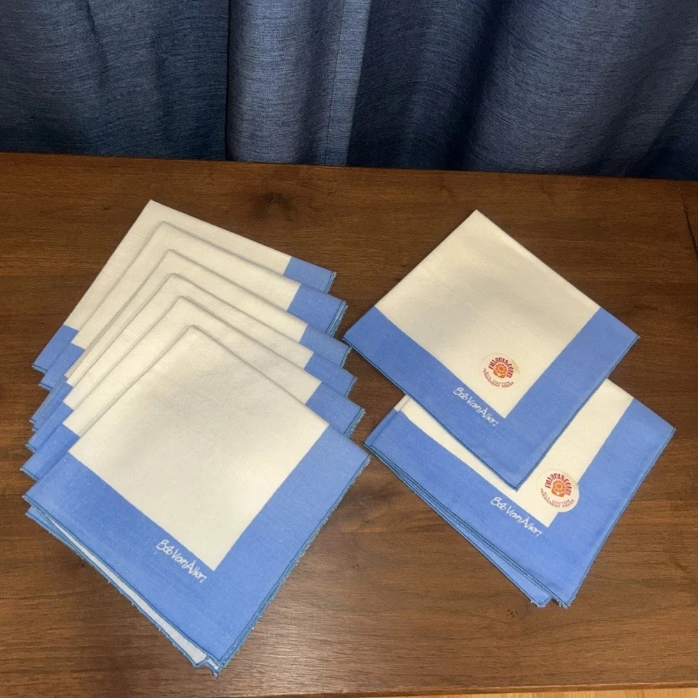 Vintage 8pc Bob Van Allen Fallani Cohn Napkins Blue Border MCM Cotton 2 NWT